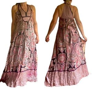 Mango silk long maxi dress paisley pattern print flowy special occasion boho